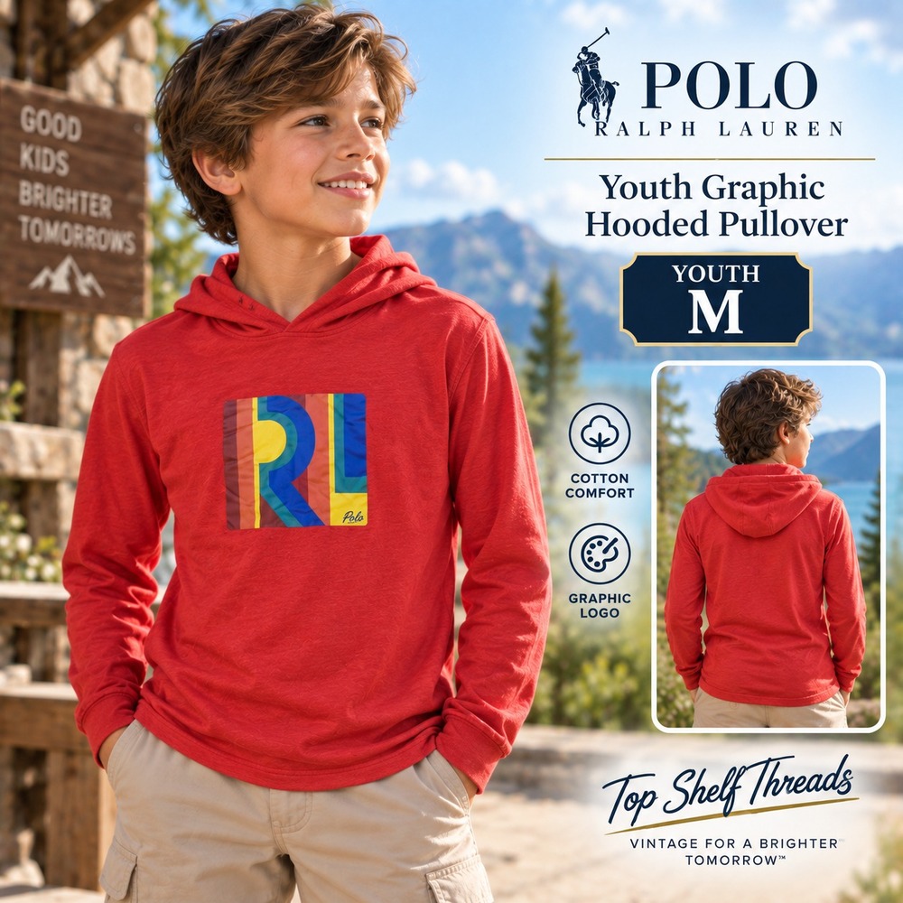 Polo Ralph Lauren Youth M Red Rainbow RL Graphic Hooded Long Sleeve Cotton Tee